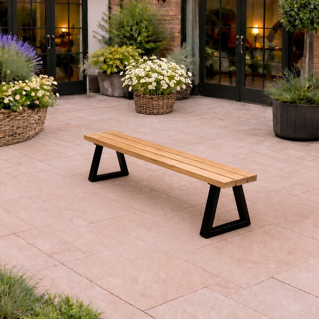 Brigg Outdoor Straight Edge Dining Bench Steel Trapezium Legs