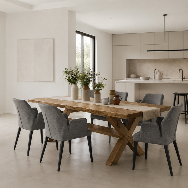Firsby Live Edge  Dining Table with Chunky Style X with Beam Wooden Base