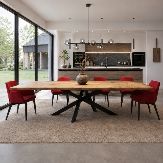 Brigg Dining Table Straight Edge Extendable 2 Sides  Crossover Steel Base