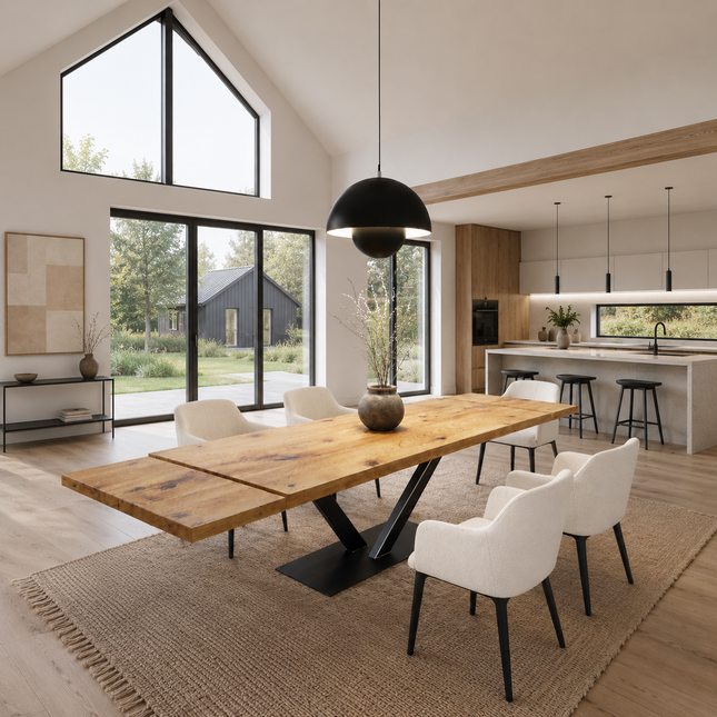 Brigg Dining Table Straight Edge Extendable 2 Sides  V Steel Base