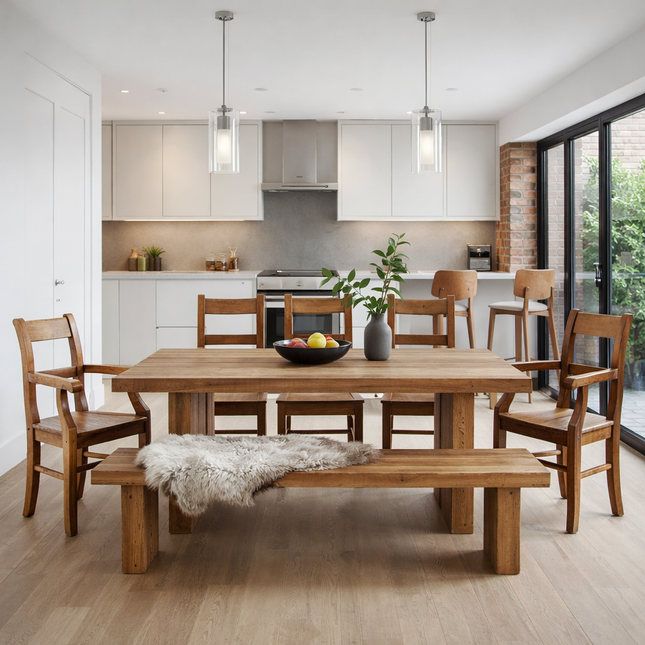 GRANTHAM SET Table/Bench/5Chairs -  Grantham Rustic Dining Table/ Grantham Bench/ Wooden Chairs