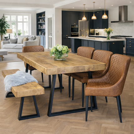 SET Boston Dining Table Trapezium Frame Legs Table 180x91cm with 150x41cm Bench with 4 Chairs