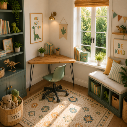 Small rustic corner desk straight edge with round corners perfect to tiny rooms.