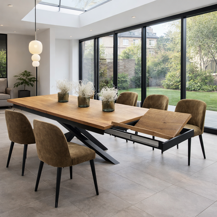 Solid Oak Extendable Dining Table with Crossover Steel Base CLAR 039