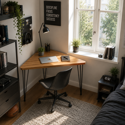 Small rustic corner desk straight edge with round corners perfect to tiny rooms.