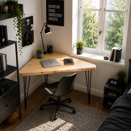 Small rustic corner desk straight edge with round corners perfect to tiny rooms.