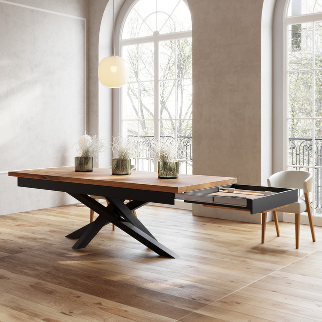 Solid Oak Extendable Dining Table with Crossover Steel Base CLAR 039
