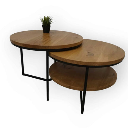 Round duo oak coffee tables with a shelf Julia