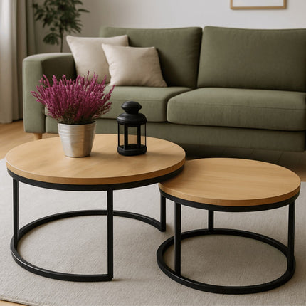 Set of round oak DUO coffee tables