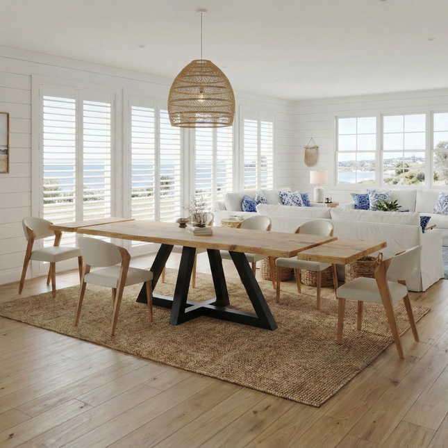 Dining Table Live Edge Extendable 2-Sides Dining Table Kitchen Industrial Rustic Wood, Triangle Steel Base