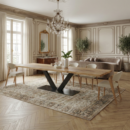 Brigg Dining Table Rustic Solid Wood V Steel Base Industrial Rustic Wood