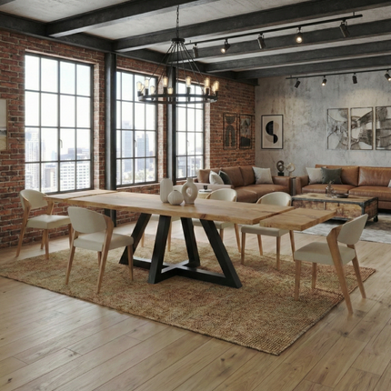 Dining Table Live Edge Extendable 2-Sides Dining Table Kitchen Industrial Rustic Wood, Triangle Steel Base