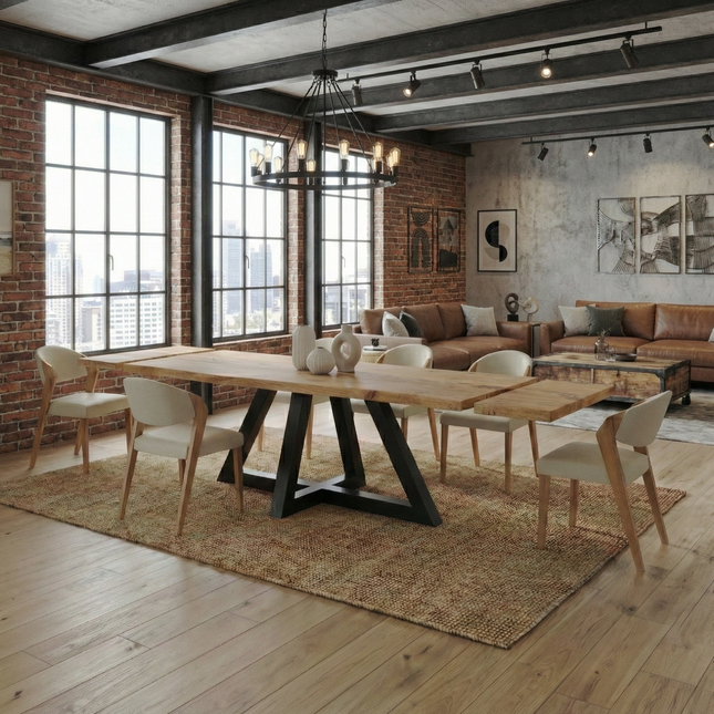 Dining Table Live Edge Extendable 2-Sides Dining Table Kitchen Industrial Rustic Wood, Triangle Steel Base