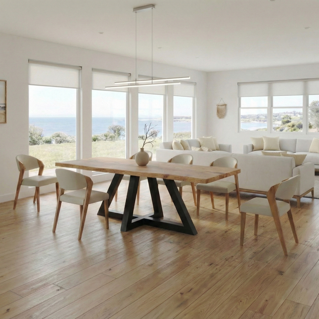 Brigg Dining Table Rustic Solid Wood Triangle Steel Base Industrial Rustic Wood