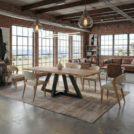 Brigg Dining Table Rustic Solid Wood Triangle Steel Base Industrial Rustic Wood