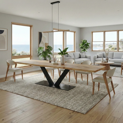 Brigg Dining Table Rustic Solid Wood V Steel Base Industrial Rustic Wood