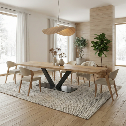 Brigg Dining Table Rustic Solid Wood V Steel Base Industrial Rustic Wood