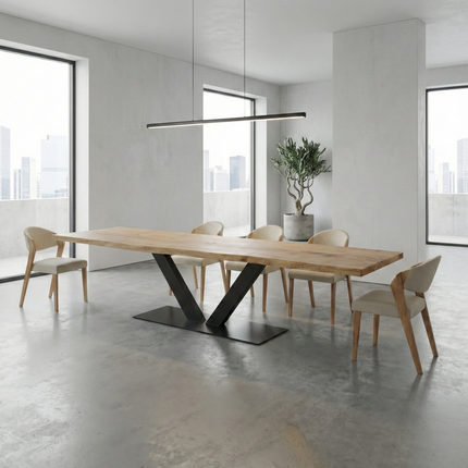 Brigg Dining Table Rustic Solid Wood V Steel Base Industrial Rustic Wood