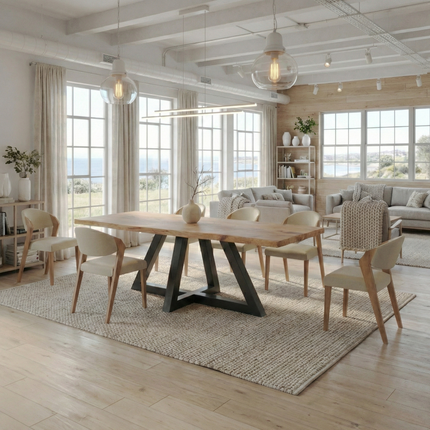 Brigg Dining Table Rustic Solid Wood Triangle Steel Base Industrial Rustic Wood