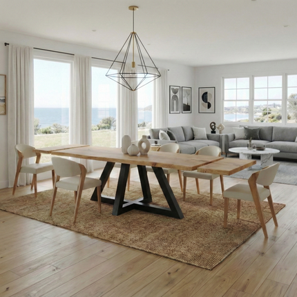 Brigg Dining Table Rustic Solid Wood Triangle Steel Base Industrial Rustic Wood