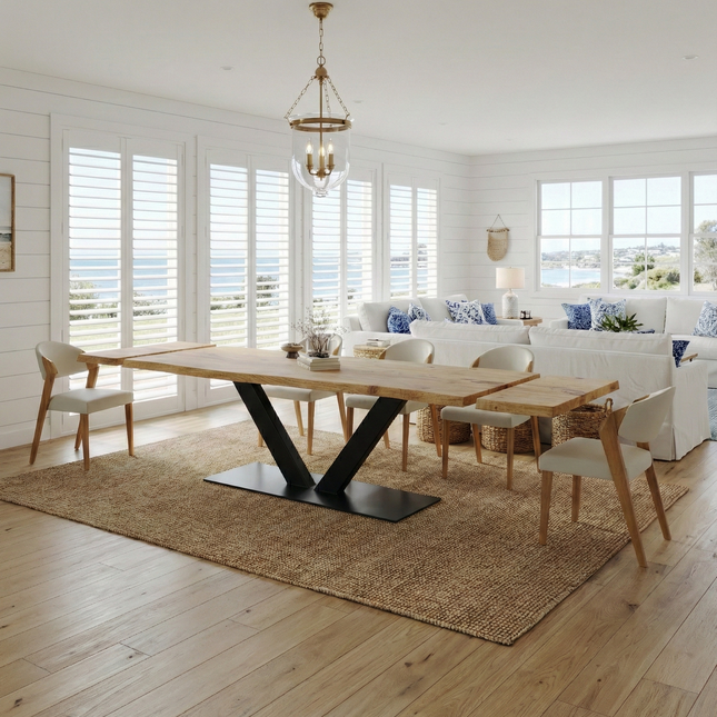 Dining Table Live Edge Extendable 2-Sides Dining Table Kitchen Industrial Rustic Wood, V Steel Base