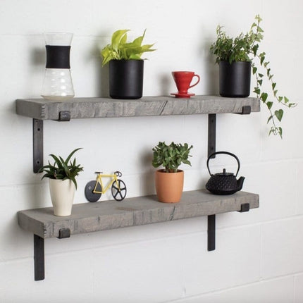 Grey Solid Wood Rustic Shelf Metal Brackets