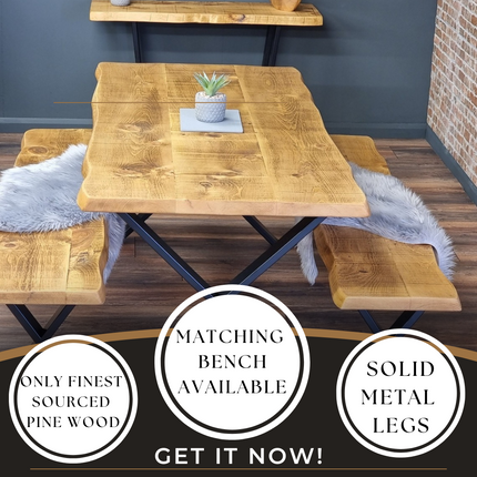 Live Edge Rustic Dining Table with X Frame Steel Legs Cotswold