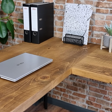 L-Shape Desk with Industrial Legs and Rustic Wood