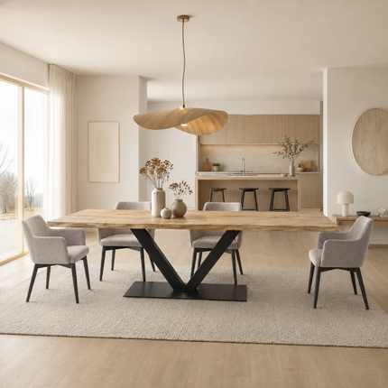 Brigg Straight Edge Dining Table Rustic Solid Wood  V Steel Base