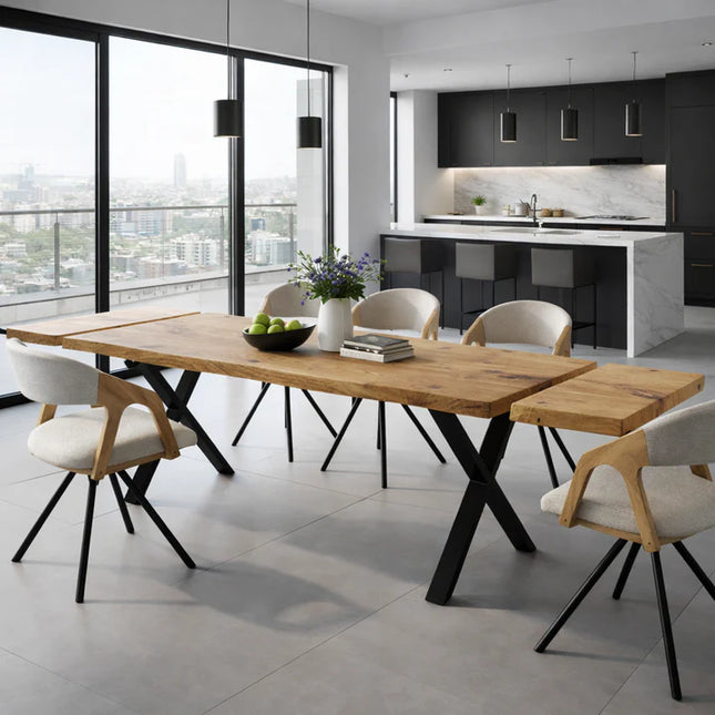 Firsby Live Edge Extendable 2-Sides Dining Table X Frame Steel Legs