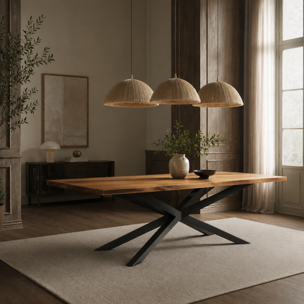 Ailby Oak Modern Dining Table Straight Edge with Spider Stel Base 280 x 90cm (10 seater)