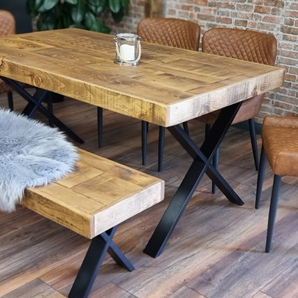 Dining Table Industrial Boston Dine Table X Frame Steel Legs Industrial Rustic Wood – Handmade Kitchen Table