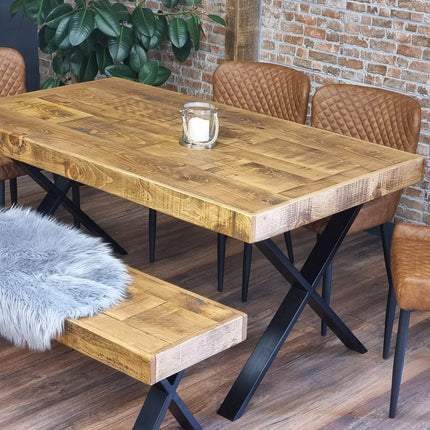 Dining Table Industrial Boston Dine Table X Frame Steel Legs Industrial Rustic Wood – Handmade Kitchen Table