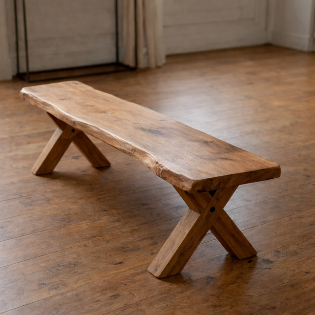 Firsby XF Chunky Wooden Dining Bench Natural Live Edge Rustic Wood X Frame Legs