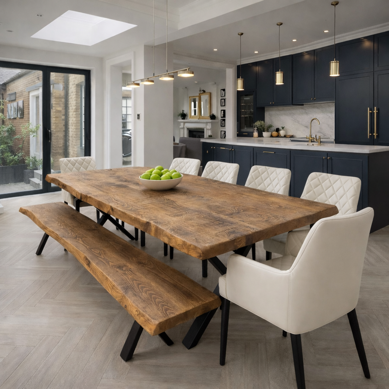 FIRSBY SET Table/Bench/6 Chairs -  Live Edge Rustic Dining Table/ Firsby Live Edge Bench/ Chairs Moor Beige
