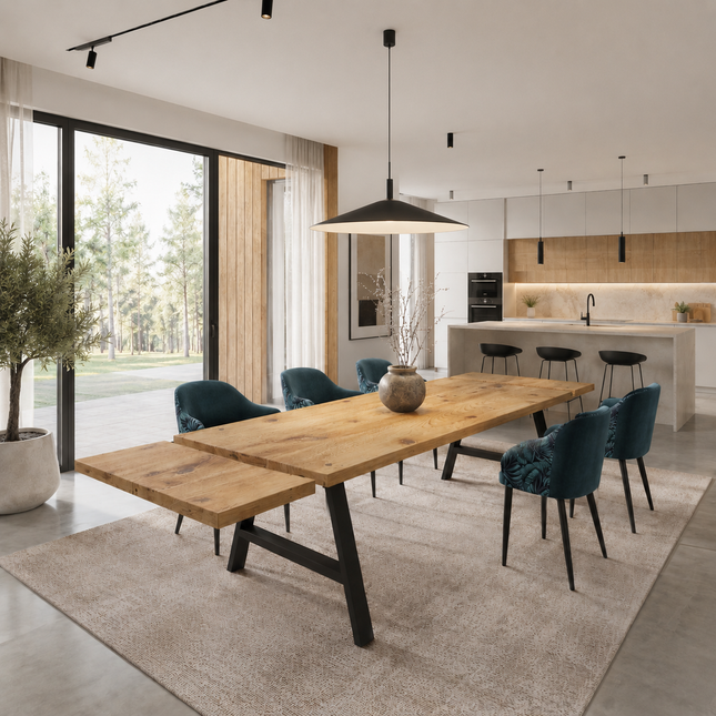 Brigg Dining Table Straight Edge Extendable 2 Sides Dining Table Kitchen Industrial Rustic Wood, AF Steel Legs