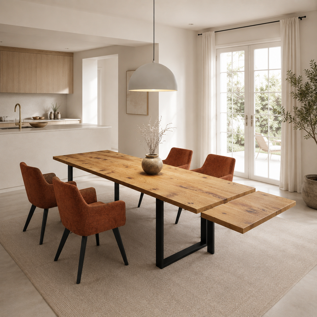 Brigg Straight Edge Rustic Extendable 2 Sides Dining Table  Steel Square Frame Legs