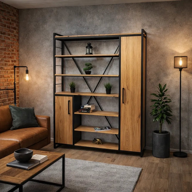 Oak industrial/loft bookcase with NIKO shelves