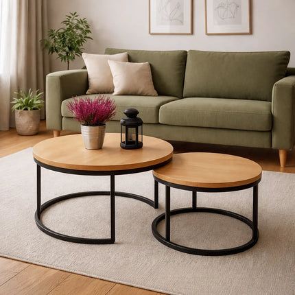 Set of round oak DUO coffee tables