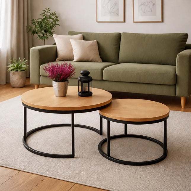 Set of round oak DUO coffee tables
