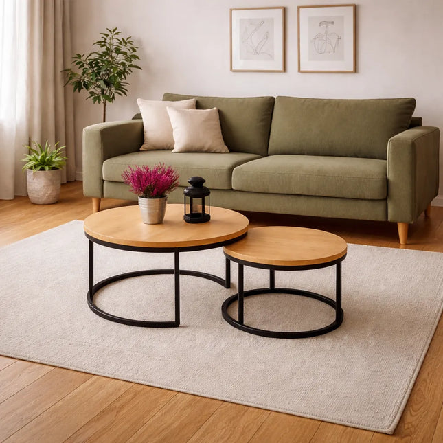 Set of round oak DUO coffee tables