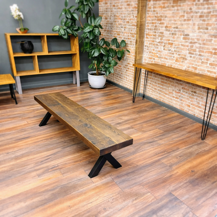 Industrial Farmhouse Handmade Bench 3" Rustic Wood - Chunky Metal Legs