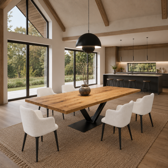 Brigg Straight Edge Dining Table Rustic Solid Wood  V Steel Base