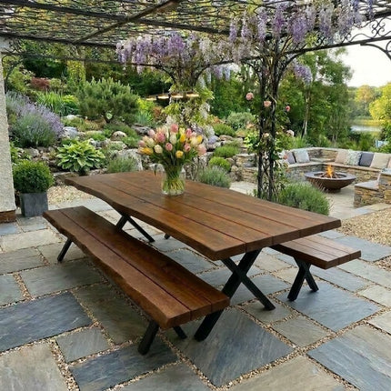 Firsby Outdoor Live Edge Dining Table Rustic Solid Wood Industrial Steel Legs XF Industrial Rustic Wood Cotswold