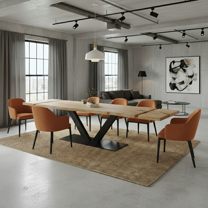 Firsby Live Edge Extendable 2-Sides Dining Table V Steel Base
