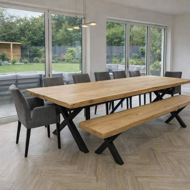 Firsby Live Edge Solid Oak Dining Bench X Frame Black Steel Leg