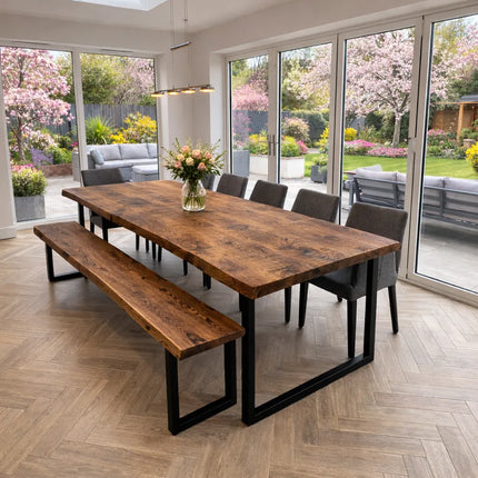Live Edge Rustic Dining Table with Square Frame Steel Legs Cotswold