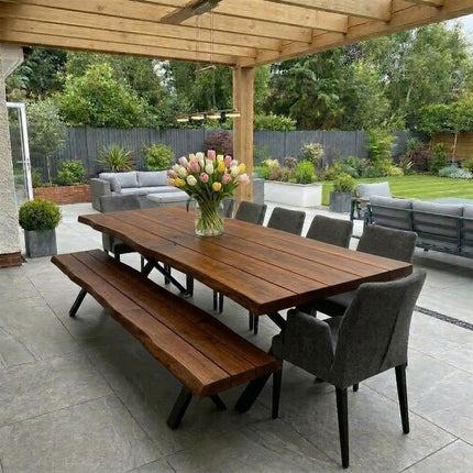 Firsby Outdoor Live Edge Dining Bench Rustic Solid Wood Industrial Steel Legs XF Industrial Rustic Wood Cotswold