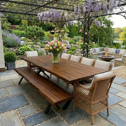 Firsby Outdoor Live Edge Dining Bench Rustic Solid Wood Industrial Steel Legs XF Industrial Rustic Wood Cotswold