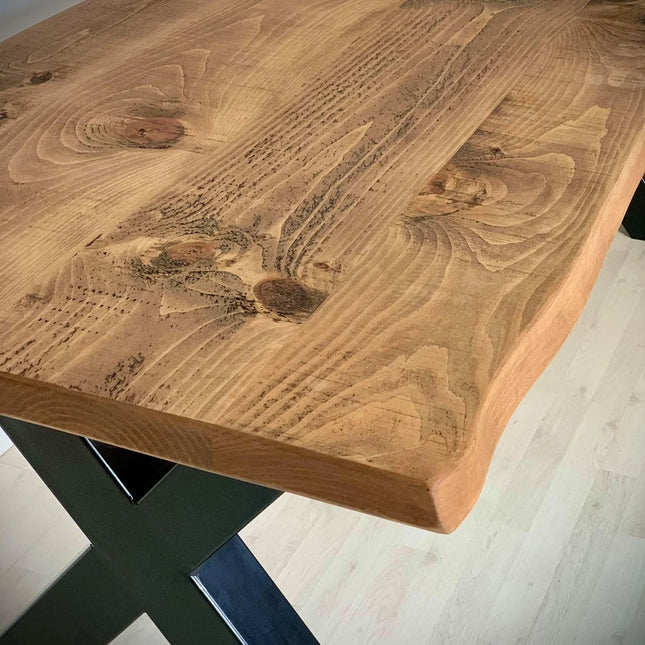 Firsby XF Chunky Steel Dining Table Natural Live Edge Rustic Steel X Frame Legs Handmade Characteristic of the Countryside